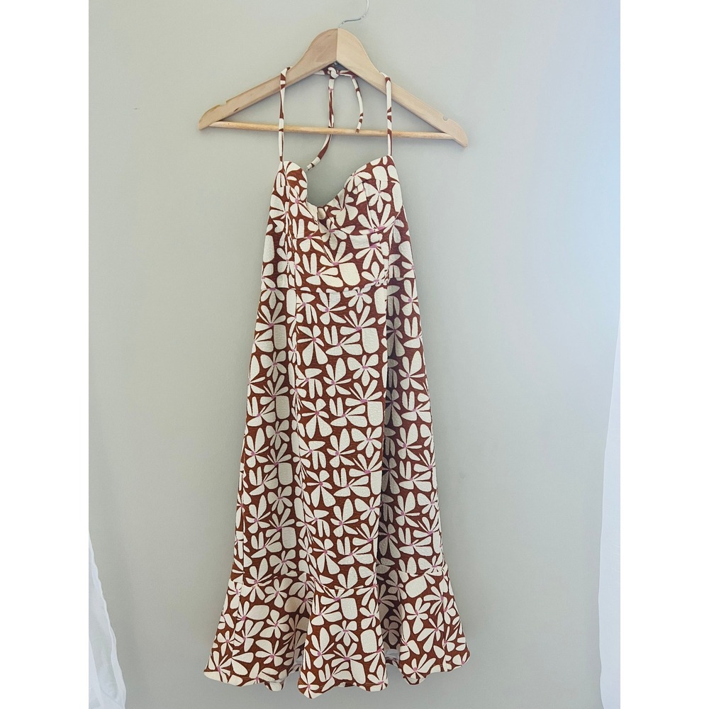 Hutch Floral Halter Midi Dress Rust Brown Cream Textured Flared Hem MP 1813